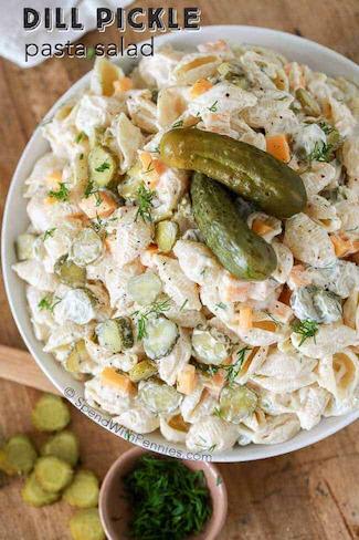 A photo of dill pickle pasta salad