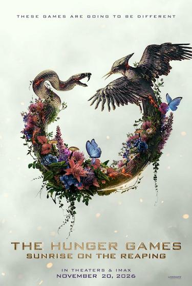 Original poster for the Sunrise on the Reaping movie, with the dual-headed flint striker surrounded by flowers with the words 'These games are going to be different' on top.
